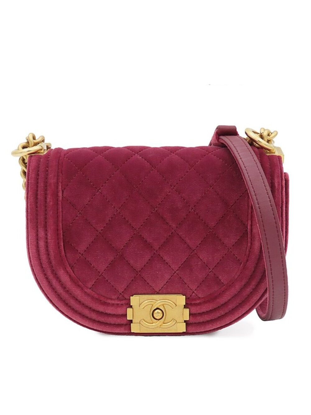 Chanel Chain Shoulder Bag Boy Wine Red Gold Velvet
